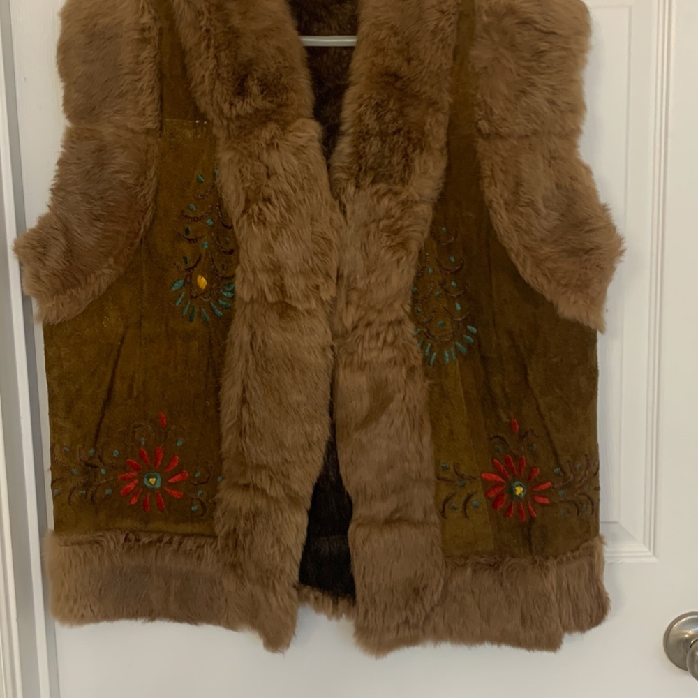 Unique Hand-Embroidered, Vintage Pakistani Suede Vest  with Fur Trim and Lining